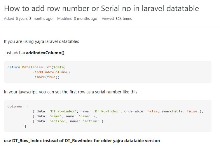 How To Add Row Number Or Serial No In Laravel Datatable